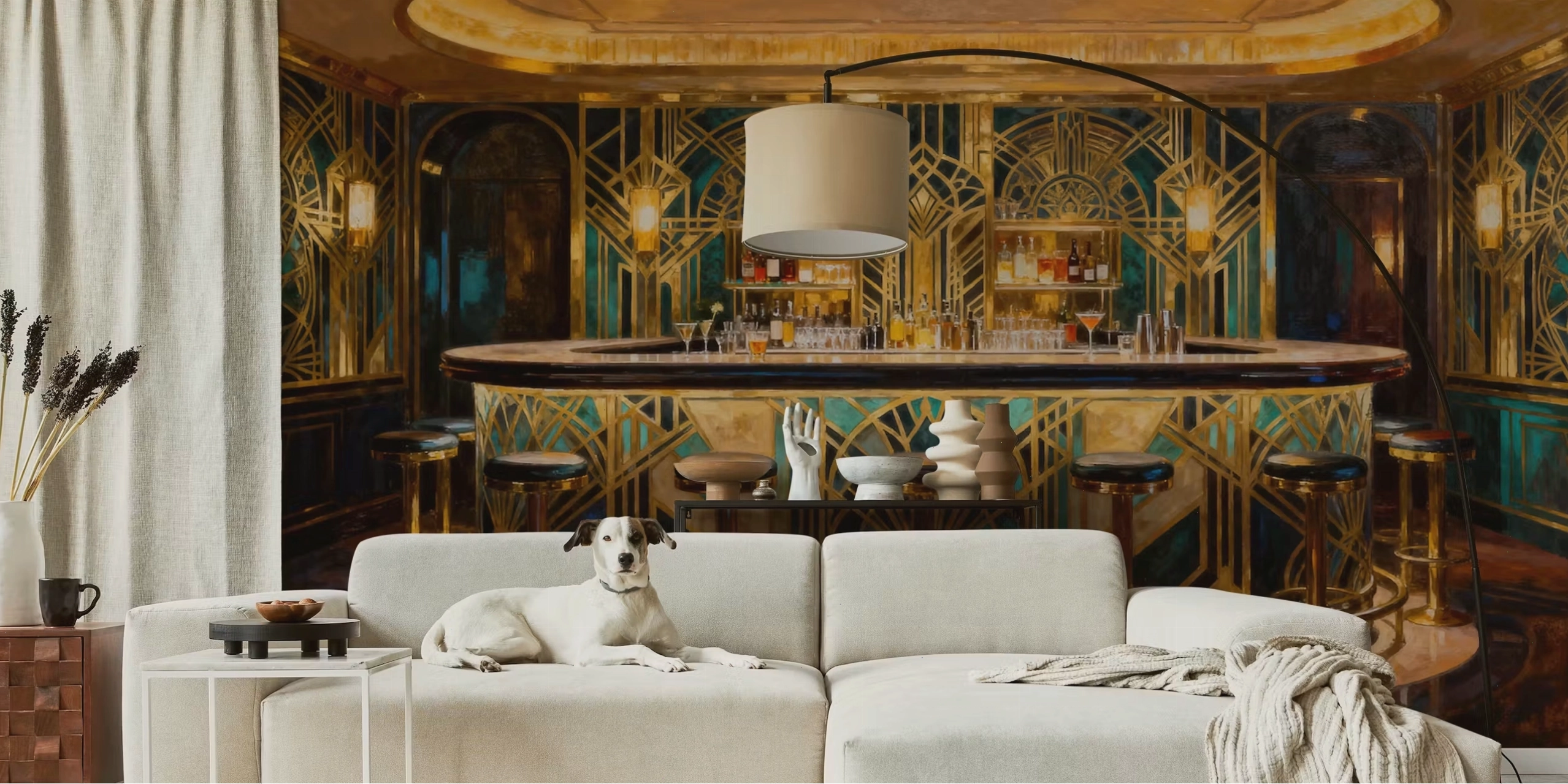 Art Deco bar wallpaper in a lounge room featuring dark arches