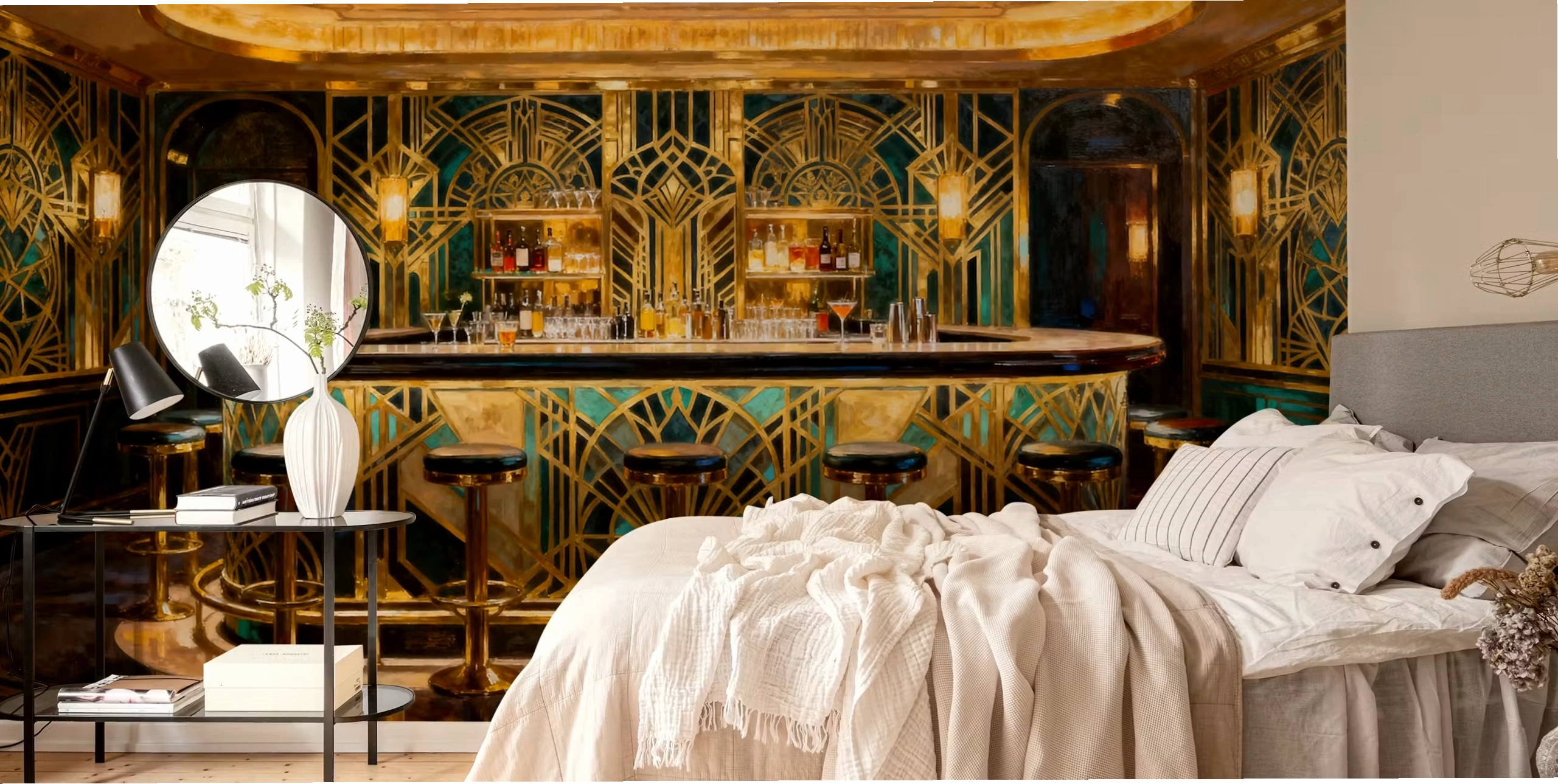 Art Deco bar wallpaper in a lounge room highlighting gold prisms