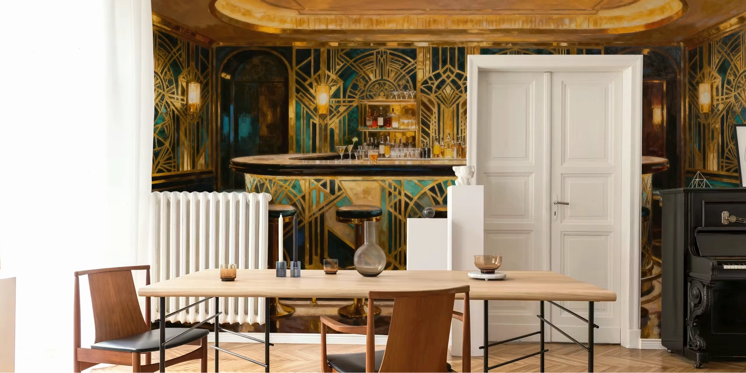 Art Deco bar wallpaper in a lounge room with architectural details