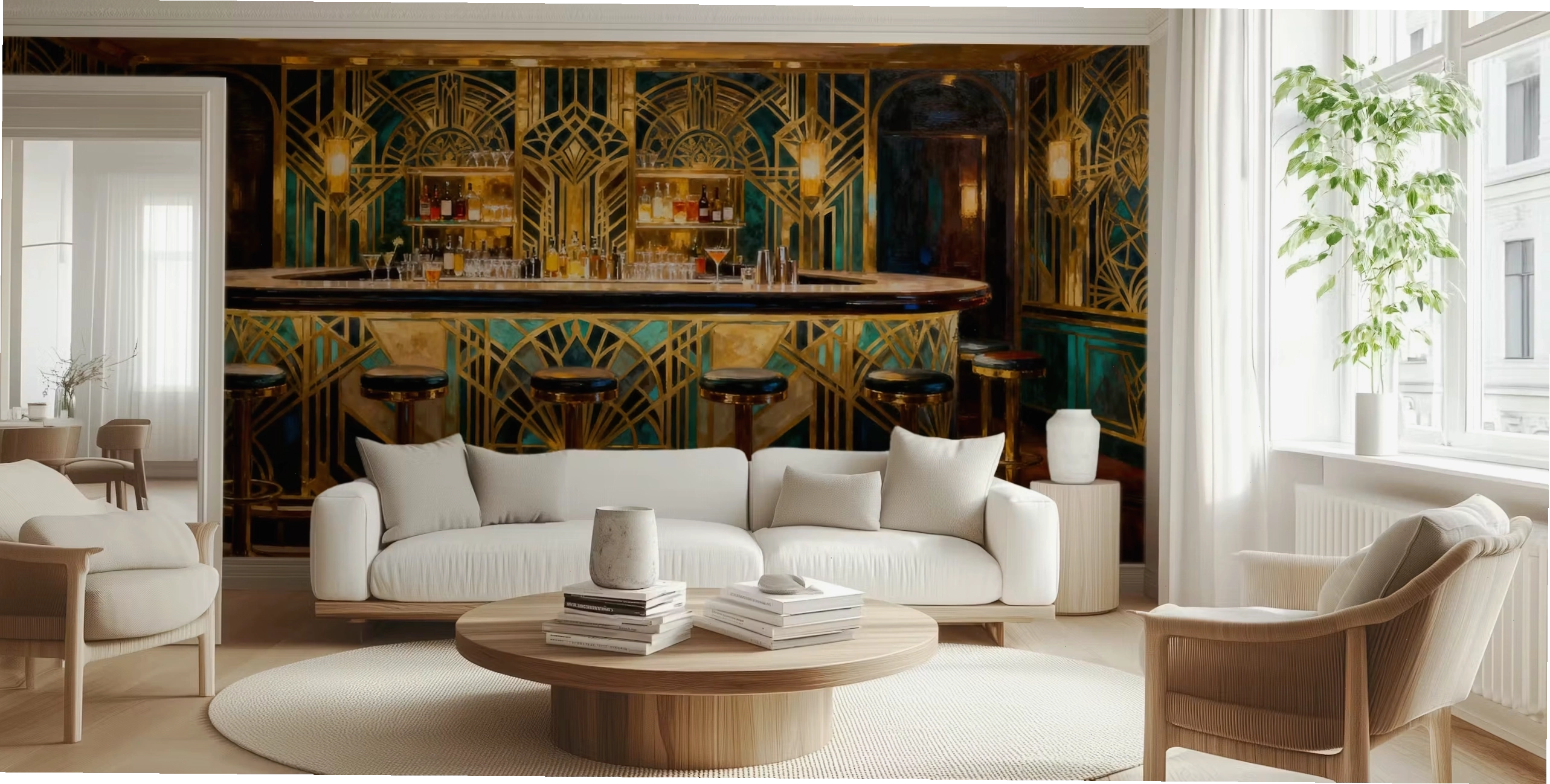Art Deco bar wallpaper in a lounge room with luxury lighting