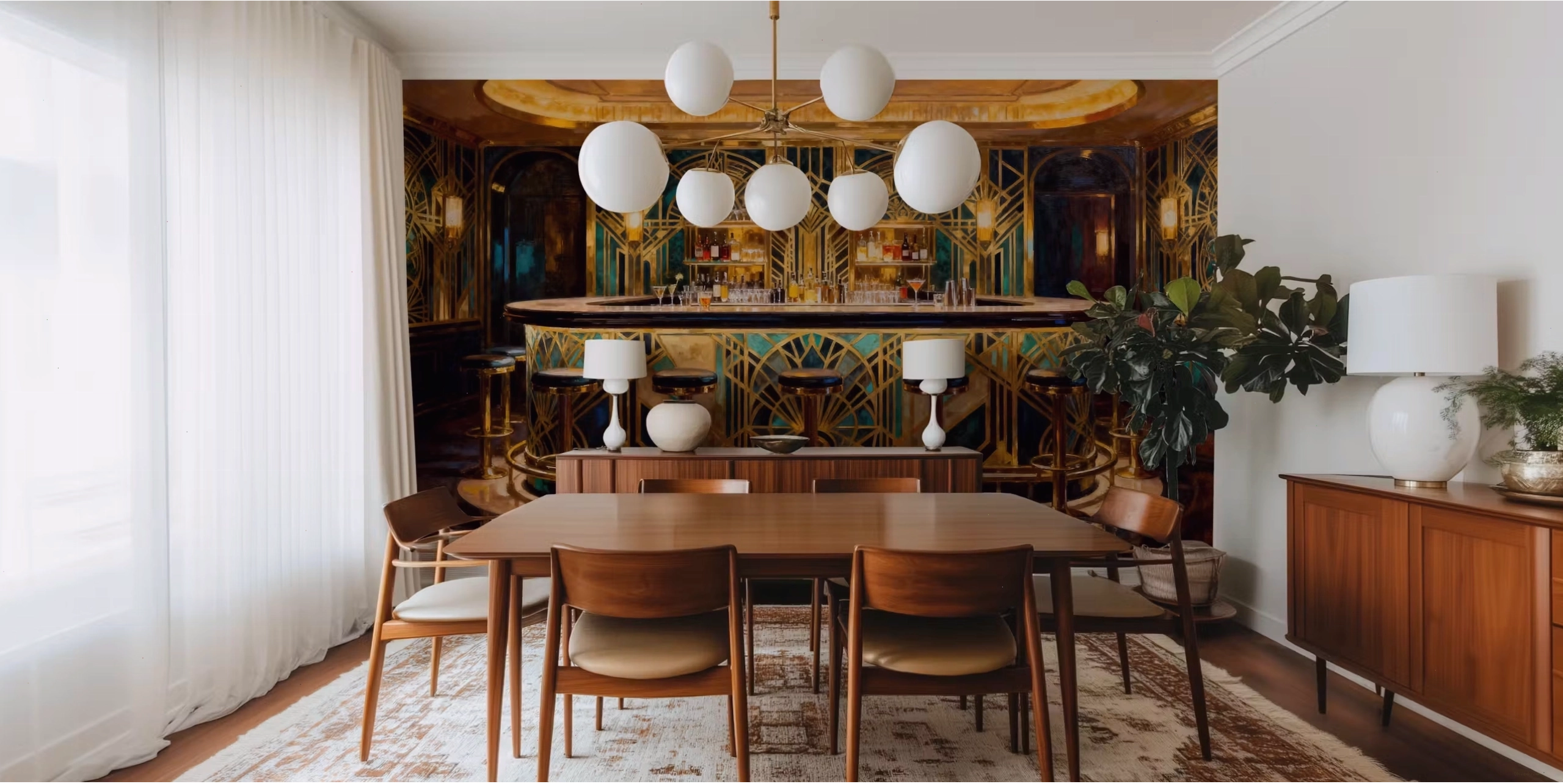 Art Deco bar wallpaper in a lounge room with vintage furniture