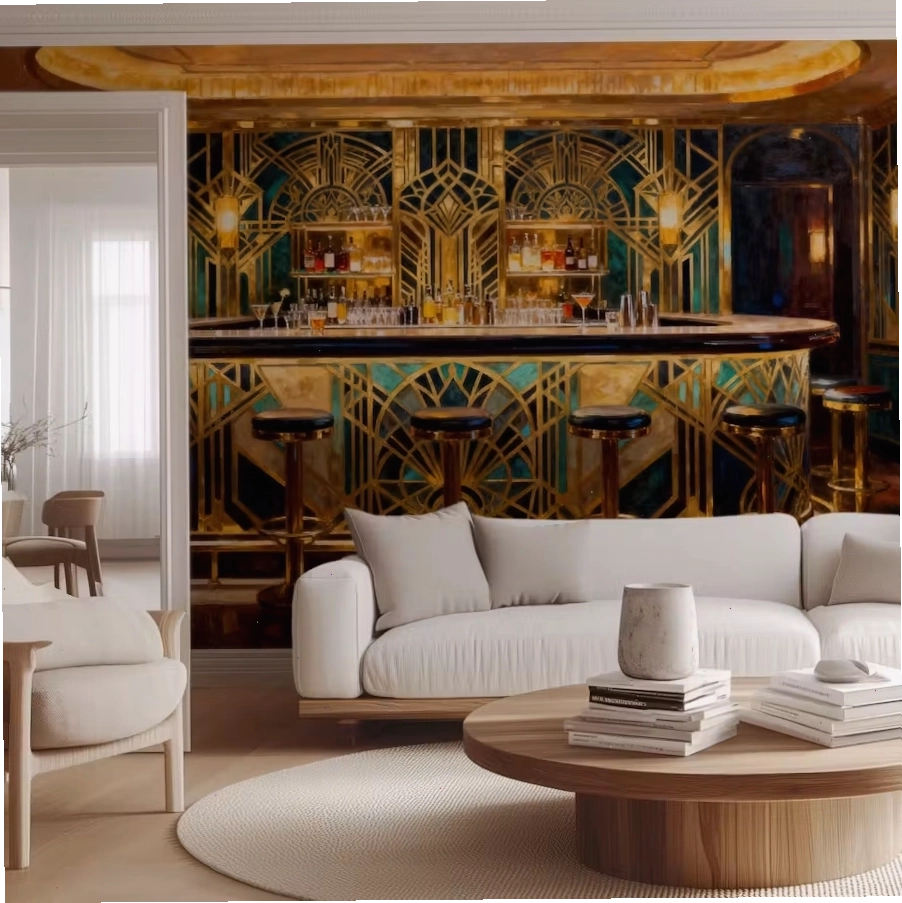 Bold removable art deco wallpaper for bar area with teal accents