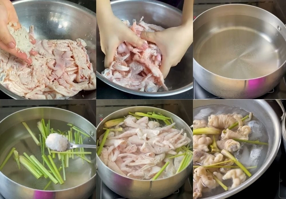 Bước luộc và sơ chế chân gà cùng các nguyên liệu gừng sả