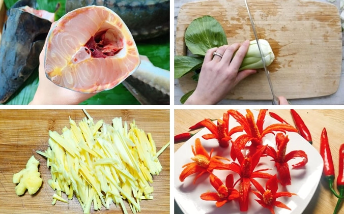 Cá tầm được làm sạch cắt khúc chuẩn bị đem đi ướp gia vị