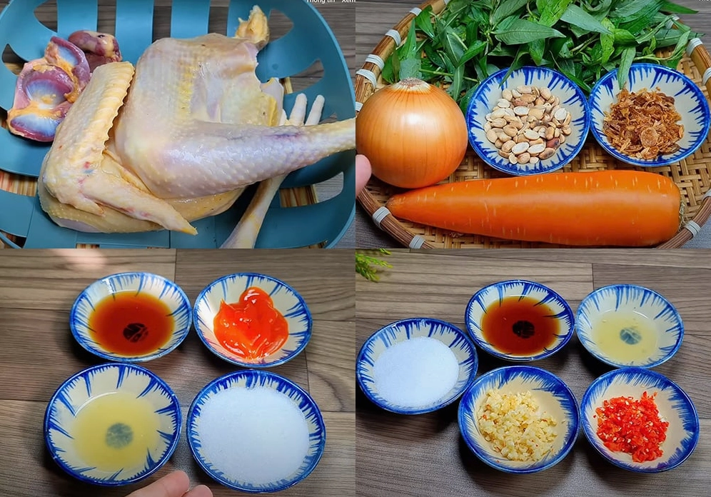 Các nguyên liệu cần thiết để làm gỏi gà rau răm hành tây bao gồm thịt gà rau răm hành tây chanh ớt