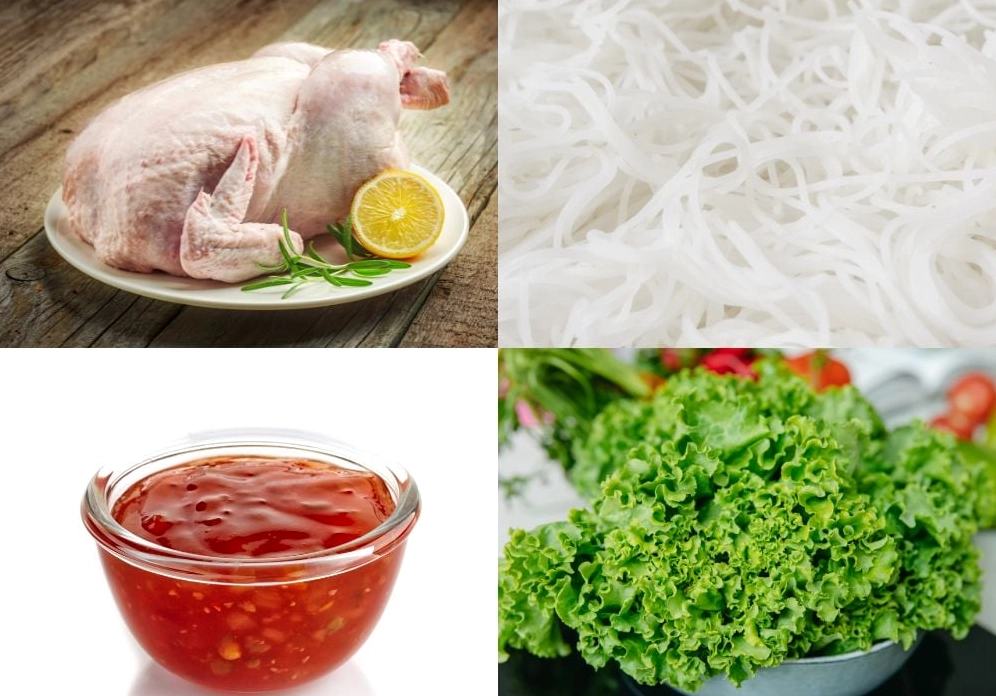 Các nguyên liệu cần thiết để làm món phở trộn chua ngọt gồm bánh phở thịt gà và các loại gia vị rau thơm