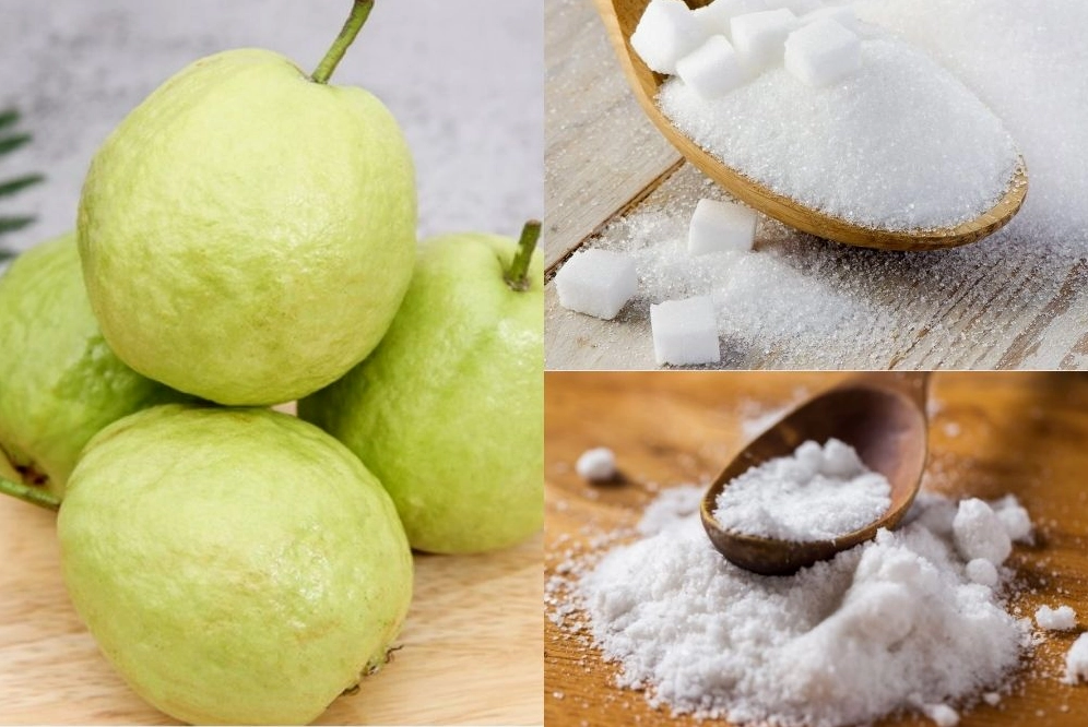 Các nguyên liệu cơ bản để làm nước ép ổi gồm ổi tươi đường và dụng cụ