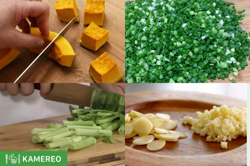 Các nguyên liệu như bí đỏ hành ngò được bày biện gọn gàng trên thớt