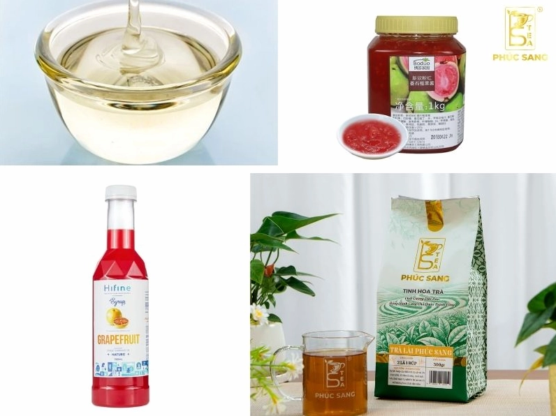Các nguyên liệu pha chế trà bưởi hồng được bày biện sẵn sàng
