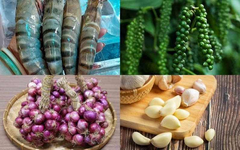 Các nguyên liệu tươi ngon chuẩn bị cho món tôm kho tiêu