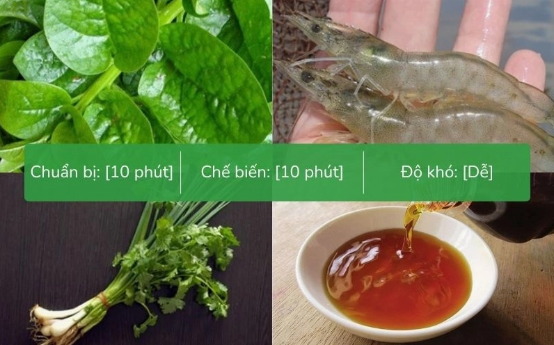 Các nguyên liệu tươi ngon đã được bày biện sẵn sàng để chuẩn bị nấu món canh mồng tơi với tôm tươi hấp dẫn