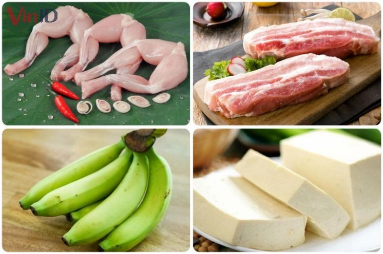 Các nguyên liệu tươi ngon để nấu ếch om chuối đậu gồm ếch chuối xanh đậu hũ thịt ba chỉ