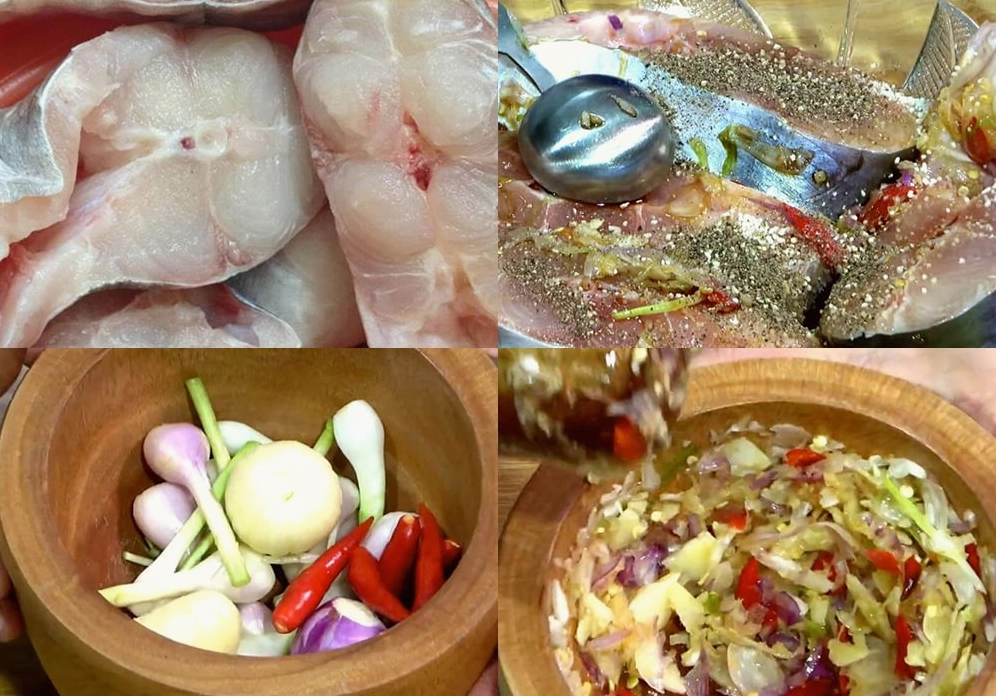 Các nguyên liệu tươi ngon được chuẩn bị kỹ lưỡng gồm cá dứa, thịt ba chỉ, hành tỏi và các gia vị cần thiết để làm món cá kho