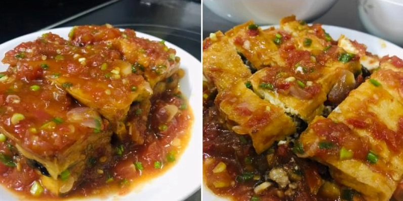 Cận cảnh miếng đậu hũ nhồi thịt sốt cà chua với hương vị chua ngọt thơm ngon