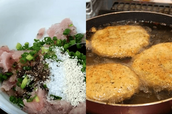 Cắt chả cá chiên thành từng lát mỏng vừa ăn chuẩn bị cho món bánh canh