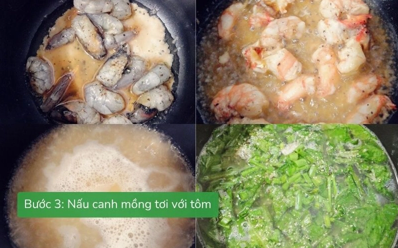 Chiếc nồi đang sôi sùng sục trên bếp với những lá rau mồng tơi xanh mướt hòa quyện cùng phần thịt tôm tươi ngọt