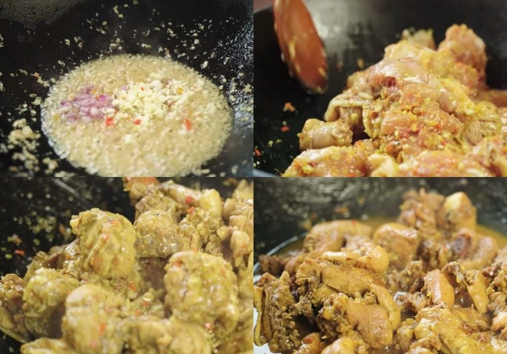 Cho thịt gà vào nồi kho trên bếp đun nhỏ lửa