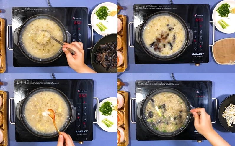 Công đoạn nấu cháo gà ác đậu xanh