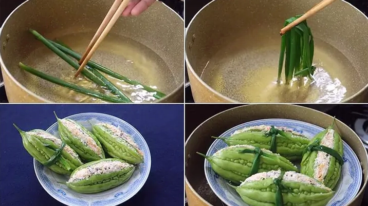 Công đoạn nhồi nhân đậu hũ nấm mèo vào ruột khổ qua
