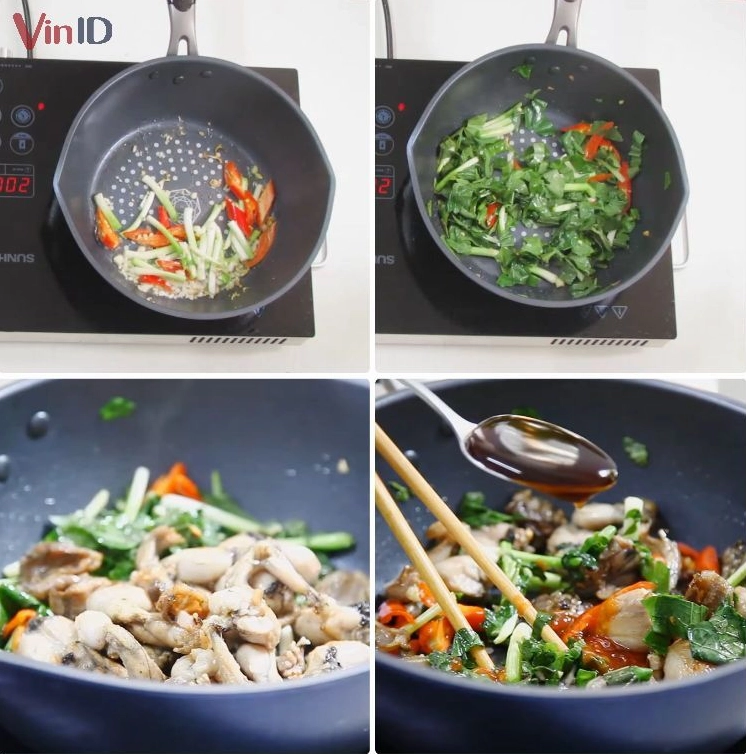 Công đoạn xào ếch cùng với các loại rau thơm và gia vị tạo nên hương vị đặc trưng