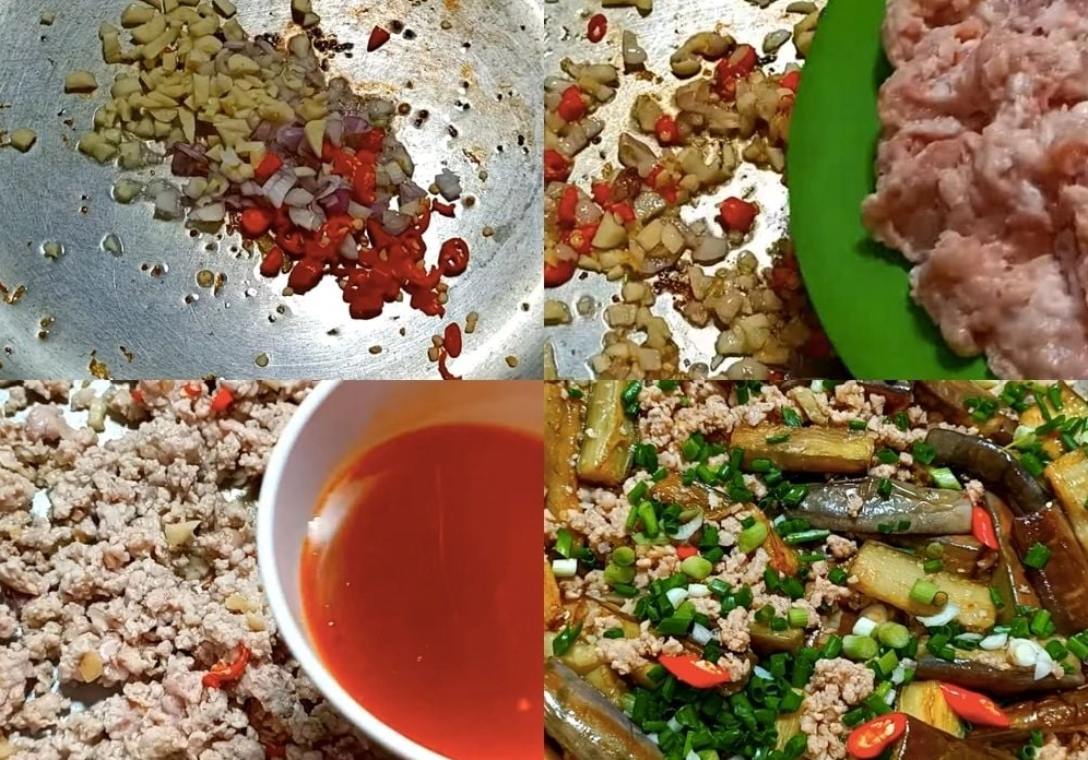 Công đoạn xào thịt băm trong chảo cùng với tỏi phi thơm
