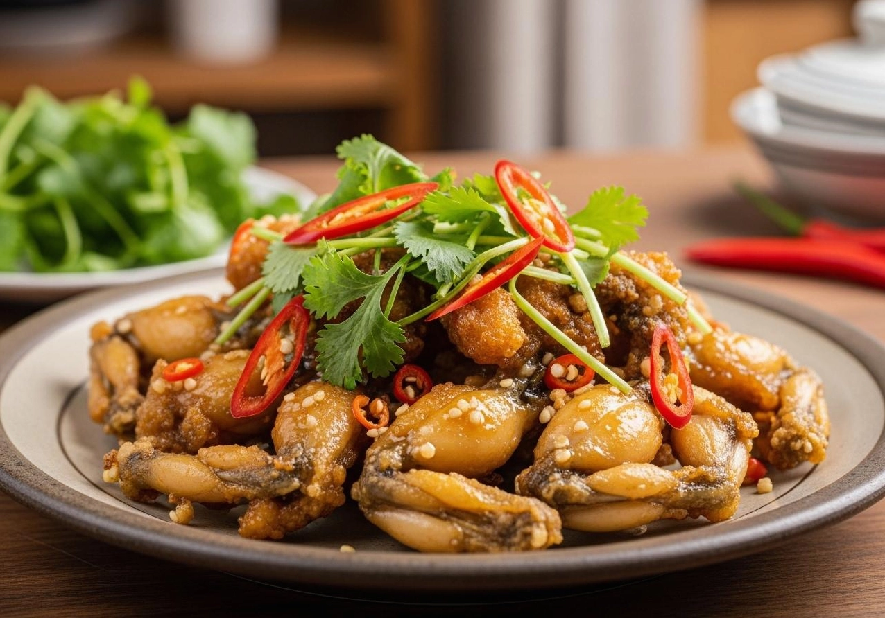 Đĩa ếch chiên nước mắm ngon vàng ươm hấp dẫn