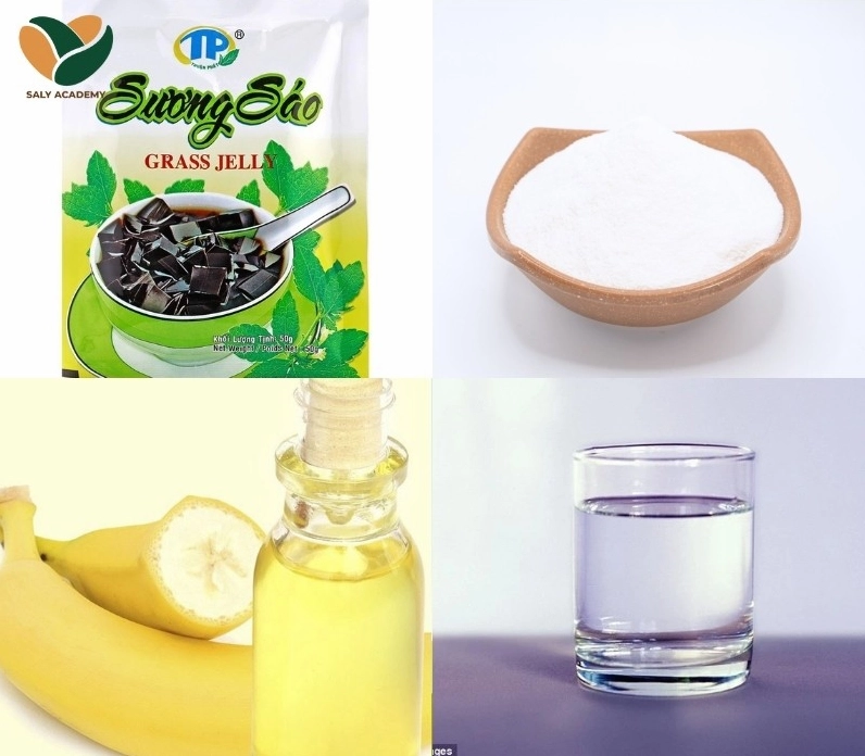 Gói bột làm sương sáo đen được bày sẵn cùng một số dụng cụ cơ bản để chuẩn bị nấu