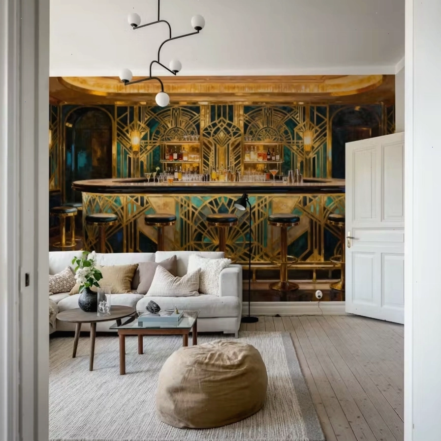 Green and gold removable art deco wallpaper for bar area highlights
