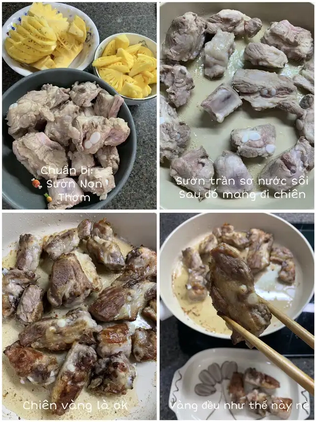 Hình ảnh các bước chuẩn bị sườn non sườn được trần sơ nước sôi sau đó chiên vàng đều trong chảo