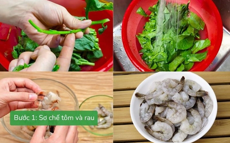 Hình ảnh đôi bàn tay khéo léo đang thực hiện công đoạn nhặt rau và lột vỏ tôm để chuẩn bị nấu canh