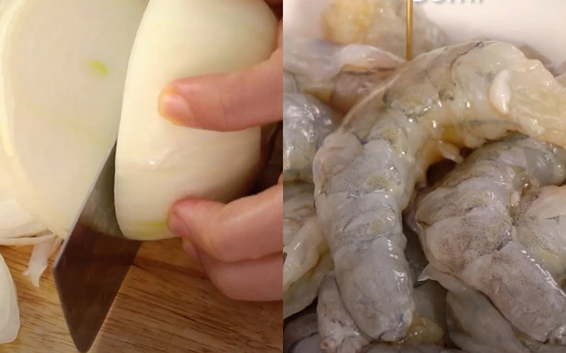 Hình ảnh đôi tay đang sơ chế cắt râu tôm và chuẩn bị các nguyên liệu tỏi ớt băm