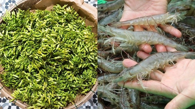 Hình ảnh hoa thiên lý và tôm tươi chuẩn bị để xào