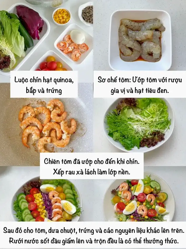 Hình ảnh minh họa các bước chuẩn bị salad tôm từ sơ chế nguyên liệu ướp và chiên tôm đến việc xếp các thành phần rau củ và tôm vào bát