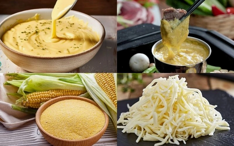 Hỗn hợp sốt phô mai bột ngô đang được khuấy đều trên bếp