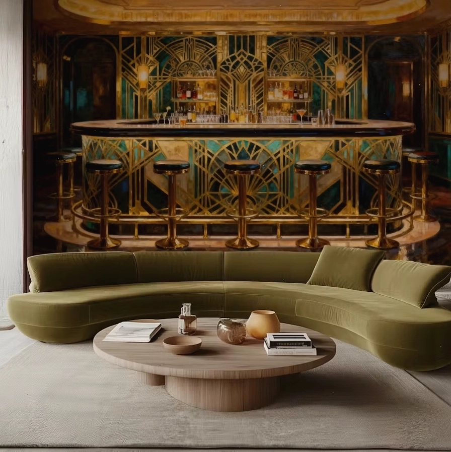 Installing removable art deco wallpaper for bar area over a drinks cabinet