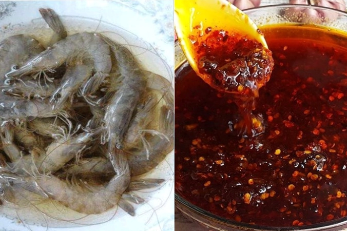 Khay nguyên liệu tươi ngon với tôm và các loại gia vị cơ bản
