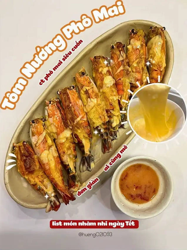 Món tôm nướng phô mai hấp dẫn được bày trên đĩa dài