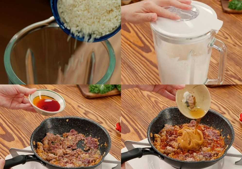 Nấu hỗn hợp nước xốt chấm nem nướng với nếp tôm thịt băm và đậu phộng