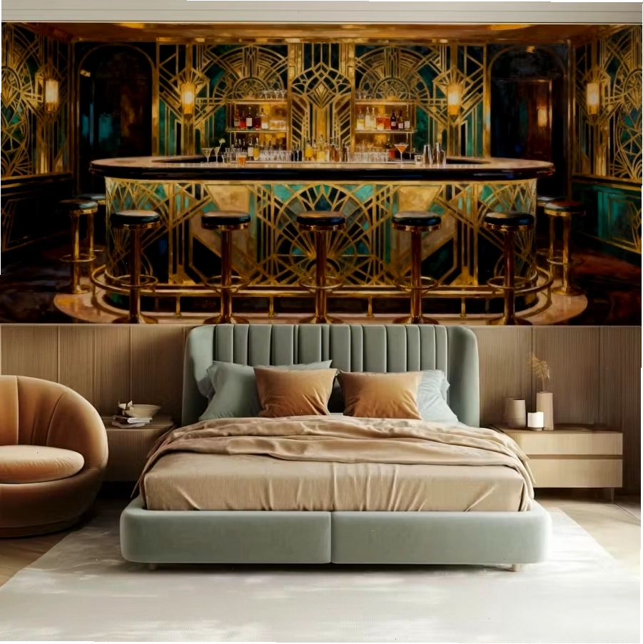 Navy and gold art deco wallpaper for bar area styling