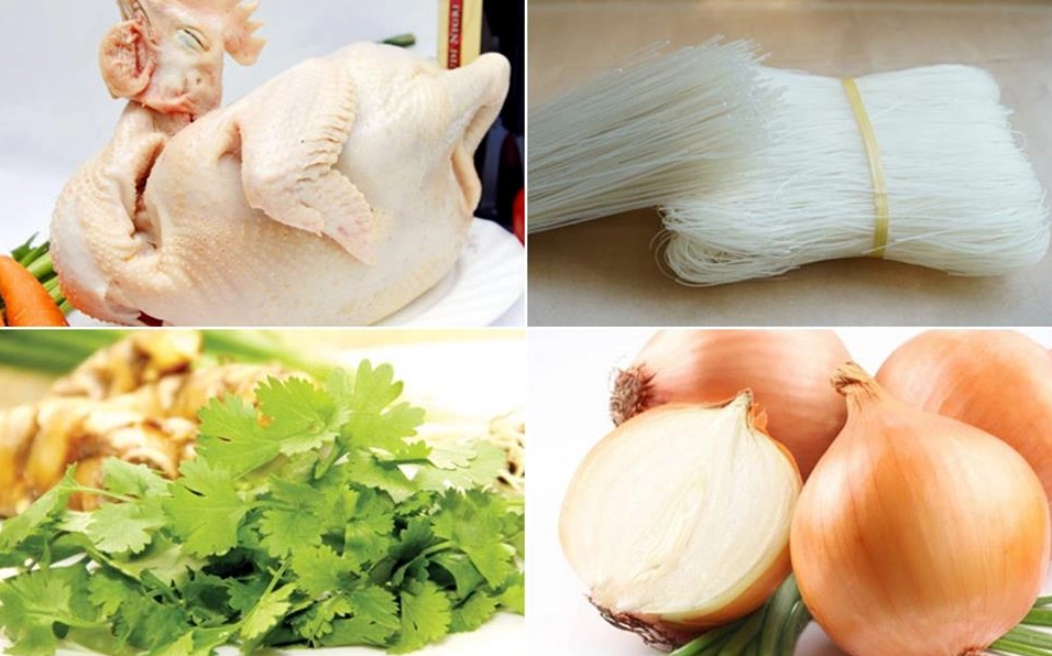 Nguyên liệu chính để nấu miến gà gồm thịt gà miến dong và các loại rau thơm