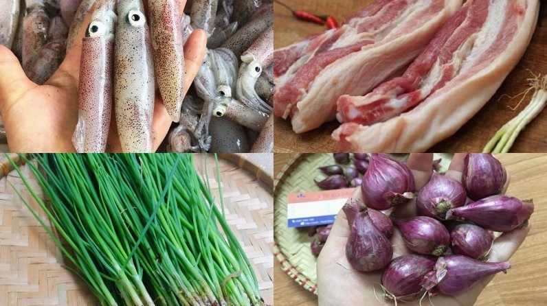 Nguyên liệu chính làm món mực xào thịt ba chỉ