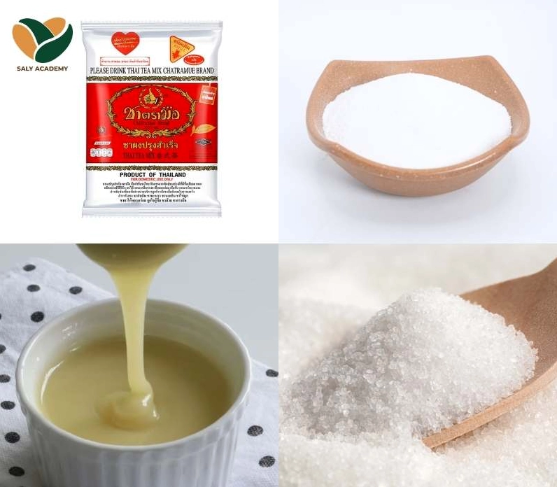 Nguyên liệu nấu trà sữa thái đỏ gồm trà bột béo sữa đặc và đường