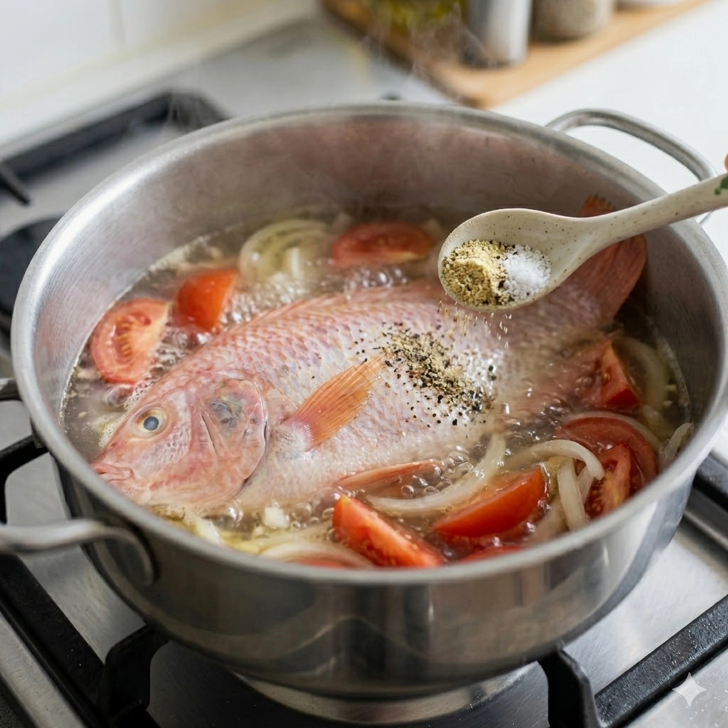 Nồi canh cá điêu hồng đang sôi sùng sục trên bếp