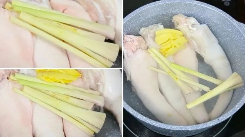 Nồi nước sôi luộc đuôi heo cùng sả đập dập và gừng thái lát để khử mùi hôi