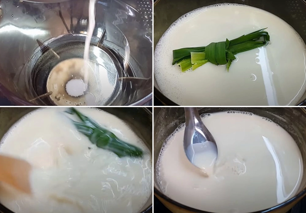 Nồi sữa đậu nành đang được đun sôi lăn tăn trên bếp cùng với lá dứa xanh tươi