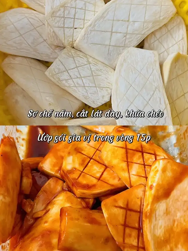 Phần trên là nấm đùi gà đã được sơ chế cắt lát dày và khứa chéo