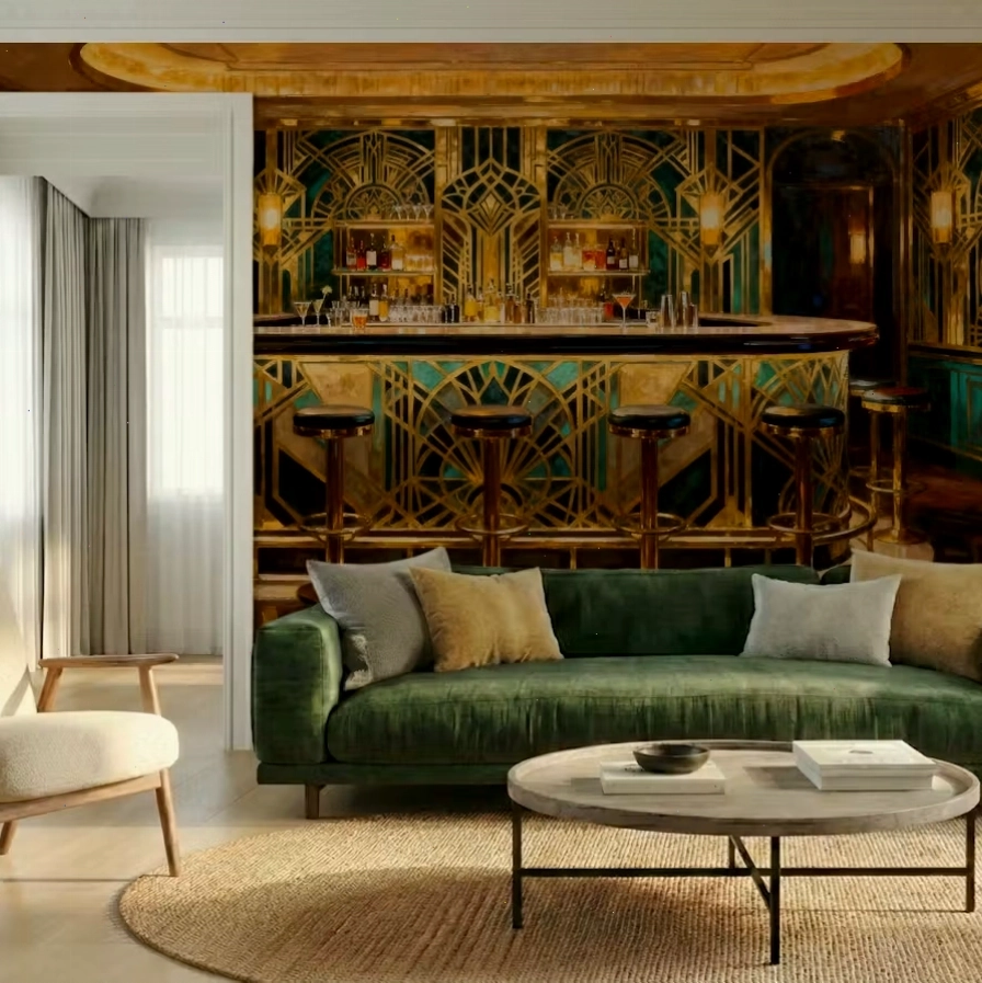 Premium removable art deco wallpaper for bar area featuring gold patterns