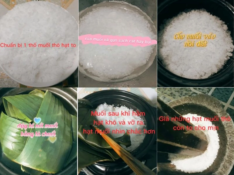 Quá trình đảo đều tay muối hạt trên chảo nóng