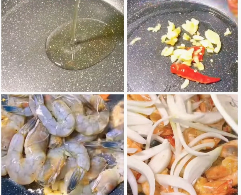 Quá trình đảo đều tôm tươi trong chảo cùng với sốt sa tế đỏ rực