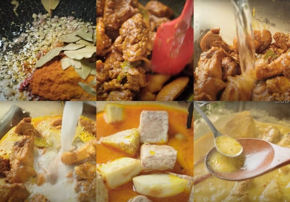 Quá trình đun nấu cà ri gà nước cốt dừa trên bếp với ngọn lửa vừa phải